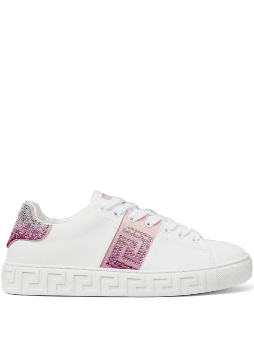Versace White Pink Crystal Greca Detail Sneakers