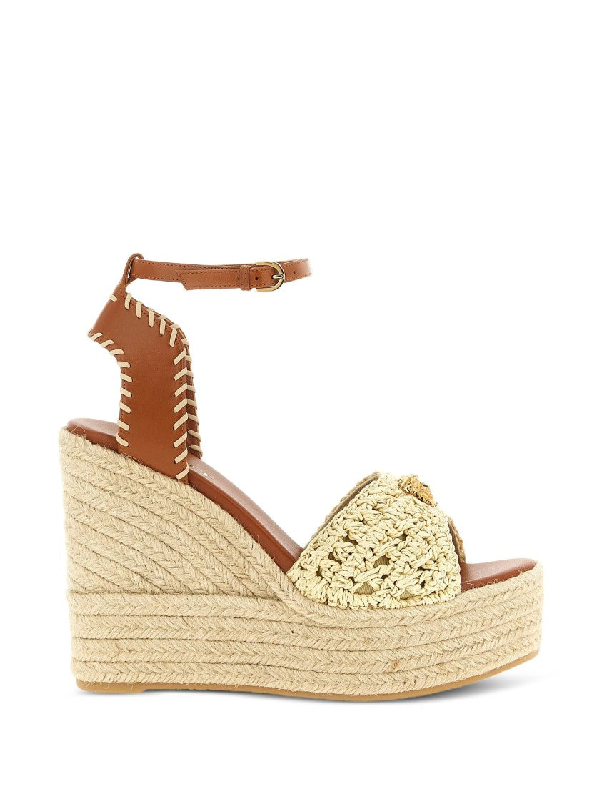 Versace Braided Jute Platform Wedge Leather Sandals