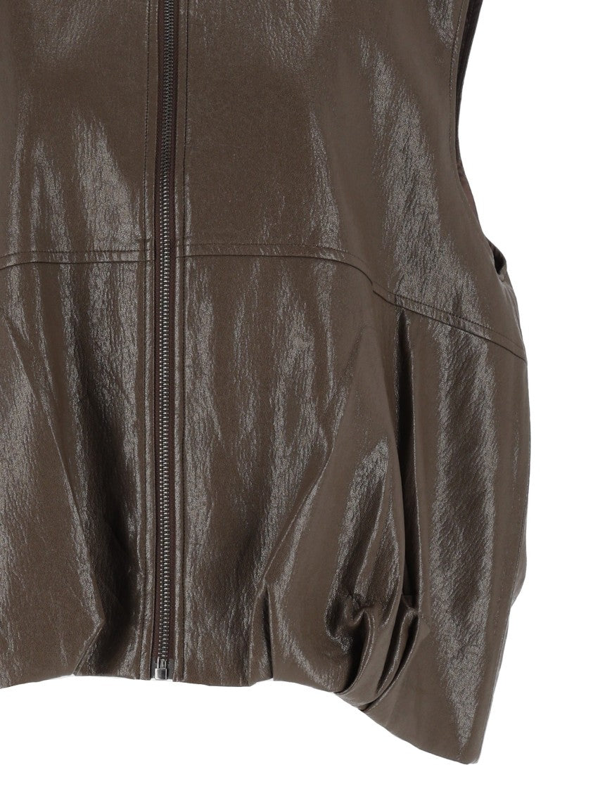 Eleh Mud Brown Glossy Sleeveless Zip-Up Gilet
