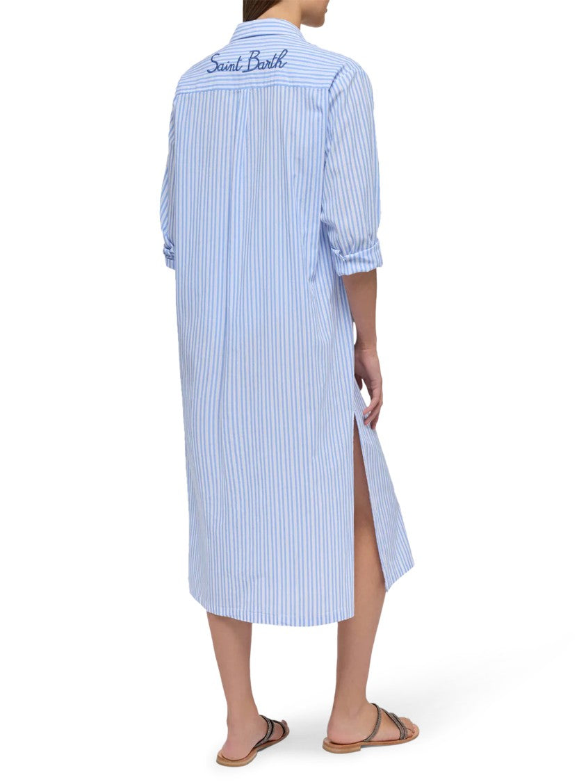 Mc2 Saint Barth Long Button-Down Shirt Dress With Vertical Stripes
