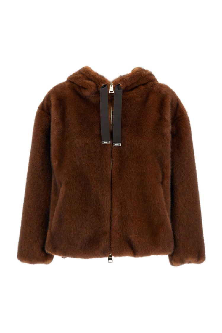 Herno Soft Faux Fur Short Bomber Jacket With Adjustable Hem