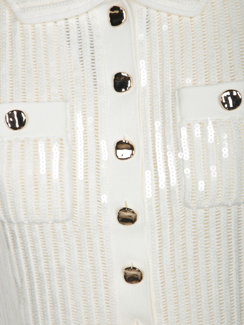 Self-Portrait White Sequin Knitted Top With Pointed Collar And Decorative Details