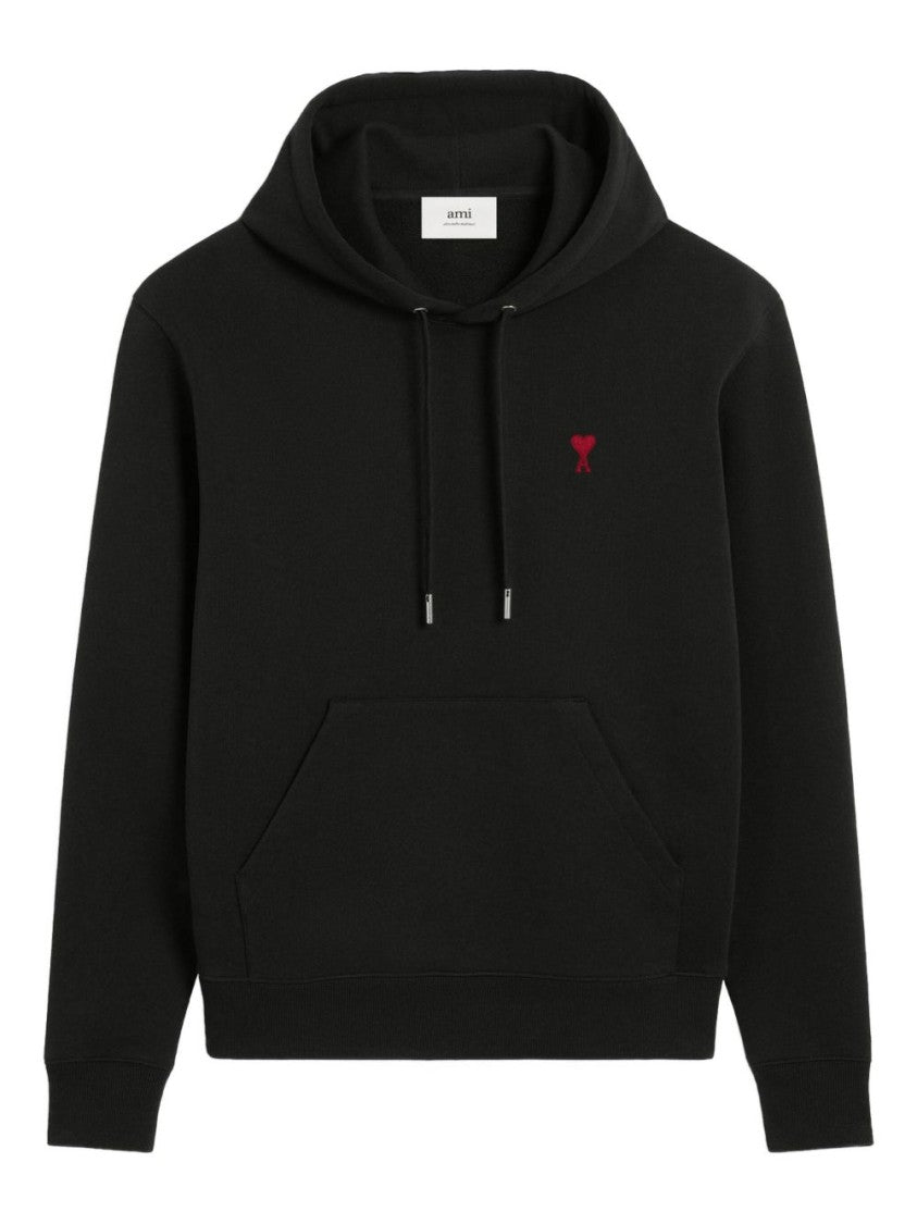 Ami Black Cotton Hoodie With Embroidered Logo And Functional Pockets