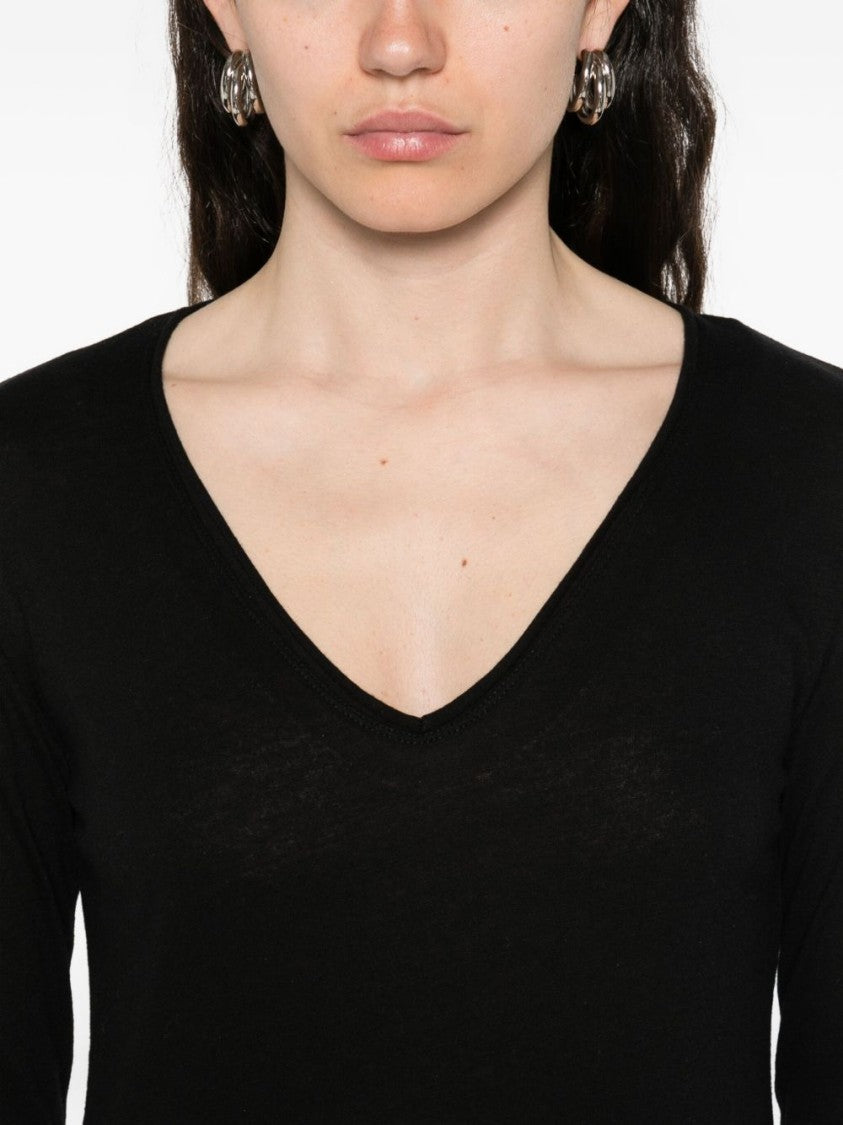 Majestic Filatures Long-Sleeved Black V-Neck Sweater In Cotton-Cashmere Blend