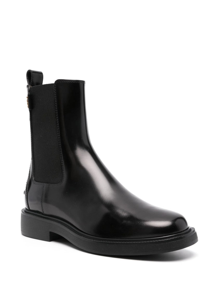 Tod's Polished Black Leather Ankle Boot With Pebble Detailing