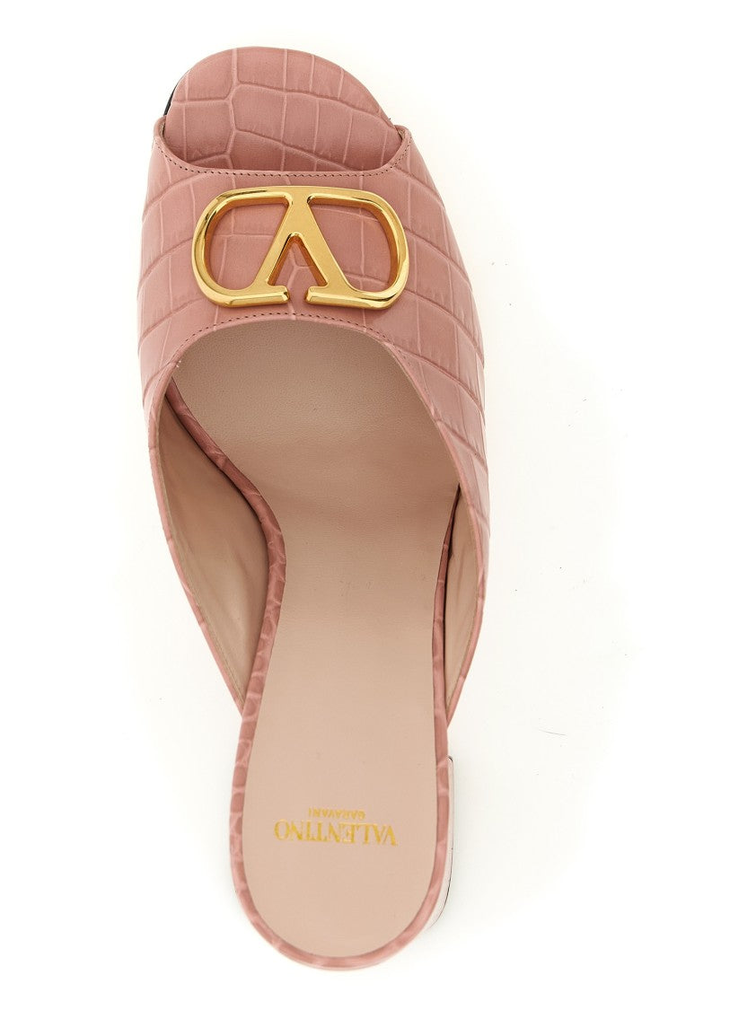 Valentino Garavani Crocodile-Effect Calf Leather Slides With Antique Brass Vlogo Signature