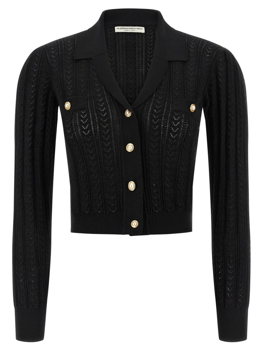 Alessandra Rich V-Neck Openwork Knit Cardigan With Jewel Buttons