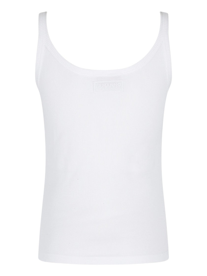 Ermanno Firenze Scoop Neck White Ribbed Tank Top With Floral Appliqué