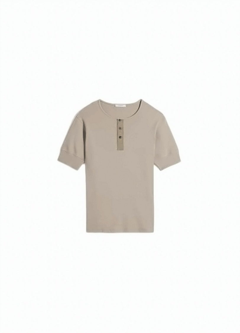 Lemaire Ribbed Beige Short-Sleeved Knit Top With Buttoned Placket