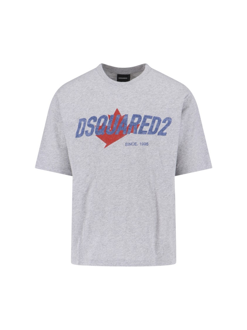 Dsquared2 Heather Grey Crew Neck T-Shirt With Contrast Maple Leaf Logo