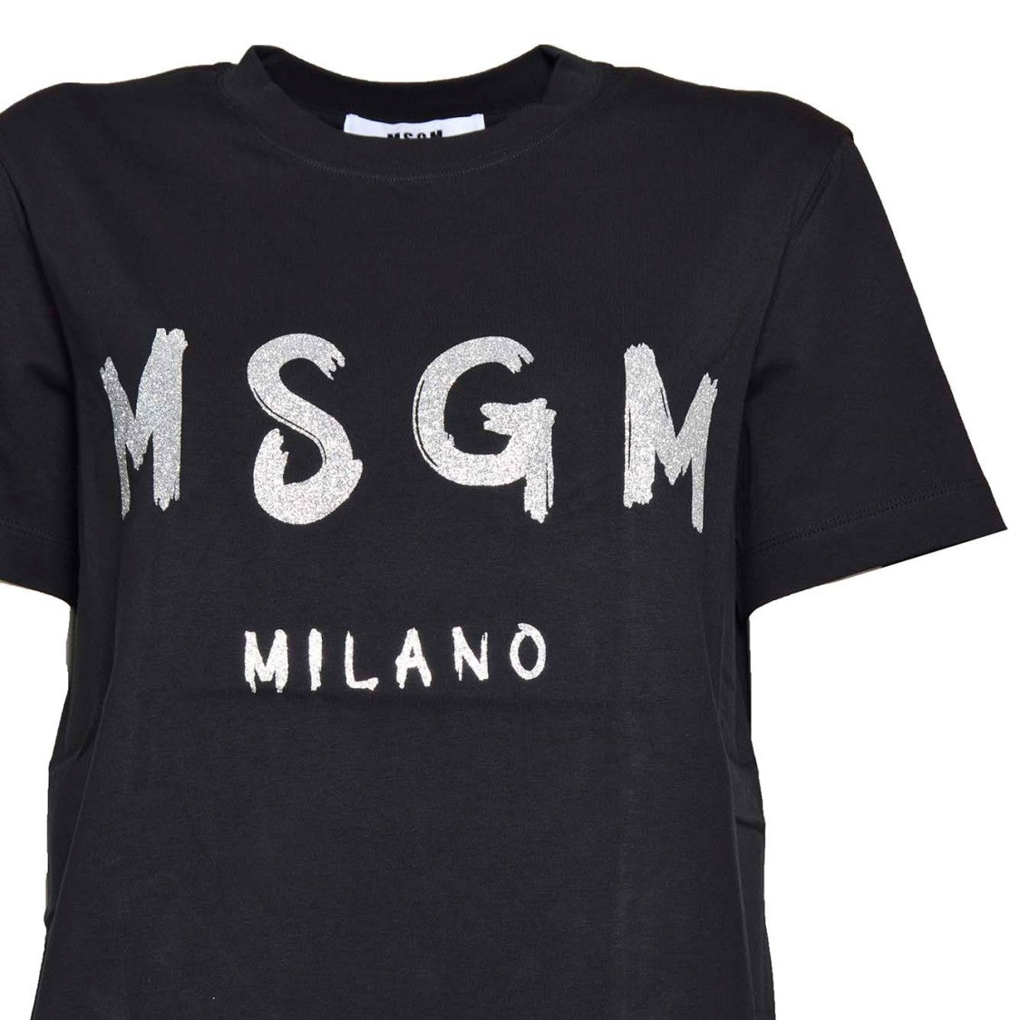 Msgm Black Cotton T-Shirt With Glitter Brush Logo Print