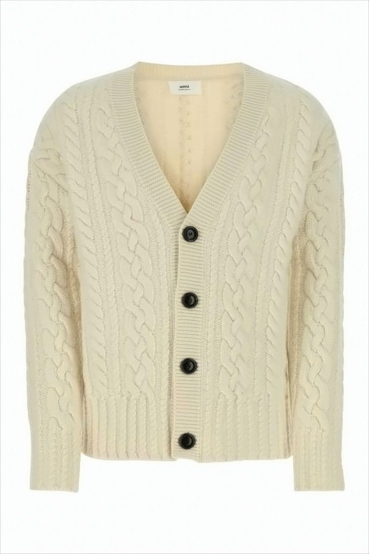 Ami Cropped Cable Knit Cardigan With Button Front Detailing