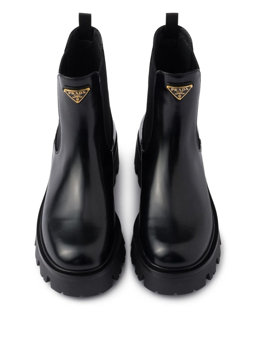 Prada Black Leather Lug Sole Ankle Boots