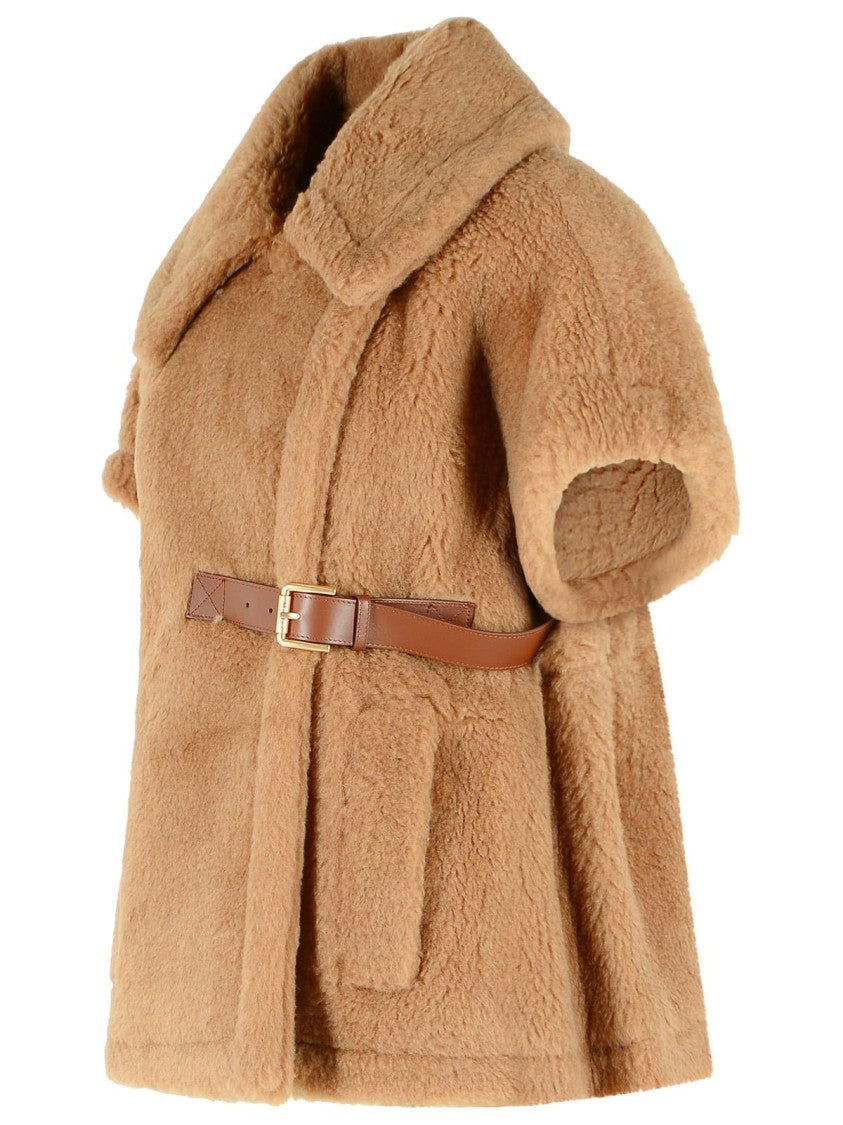 Max Mara Camel Teddy Fabric Cape With Leather Closure And Viscose Lining