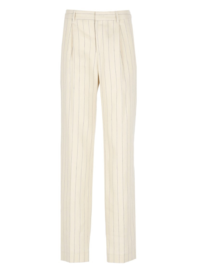 Pt Torino Ivory Linen And Cotton Palazzo Pants With Striped Pattern