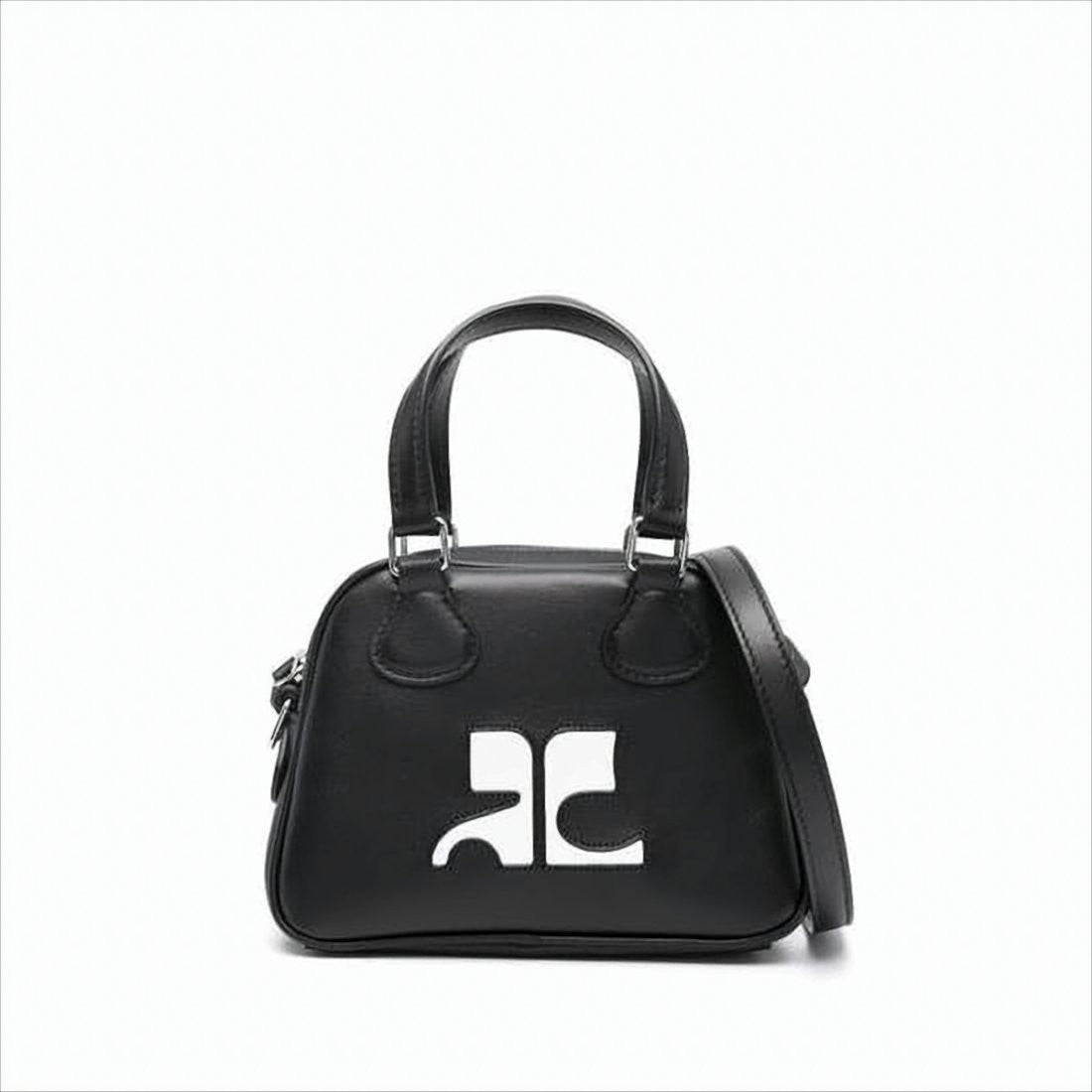 Courrèges Structured Black Calf Leather Tote Bag With Contrasting Logo