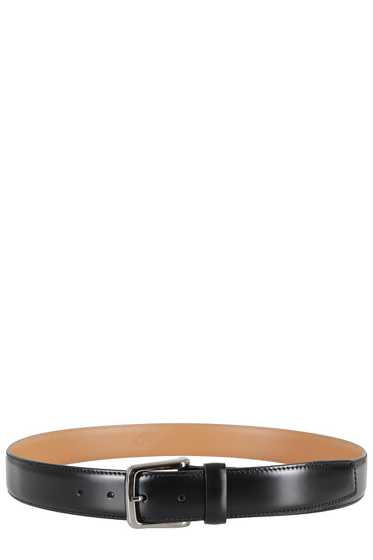 Tod's Black Leather Belt With Polished Silver Buckle