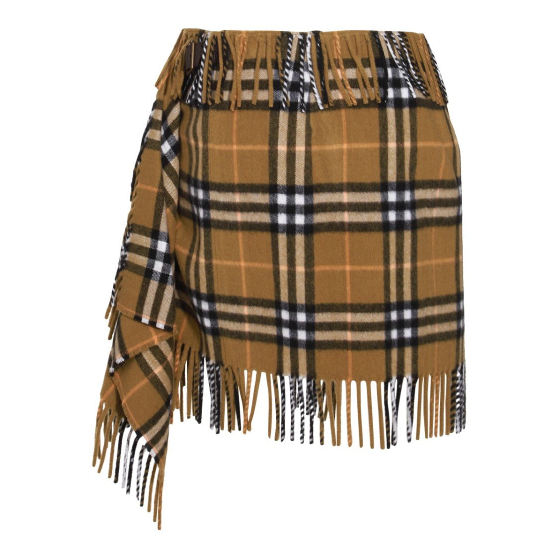Burberry Midi Wool Skirt With Fringed Hem And Check Motif
