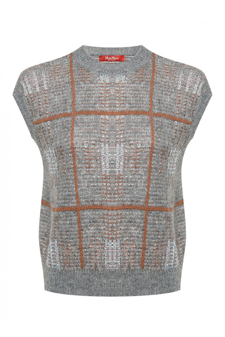 Max Mara Grey Mstepopea Check Sleeveless Polyester-Blend Sweater