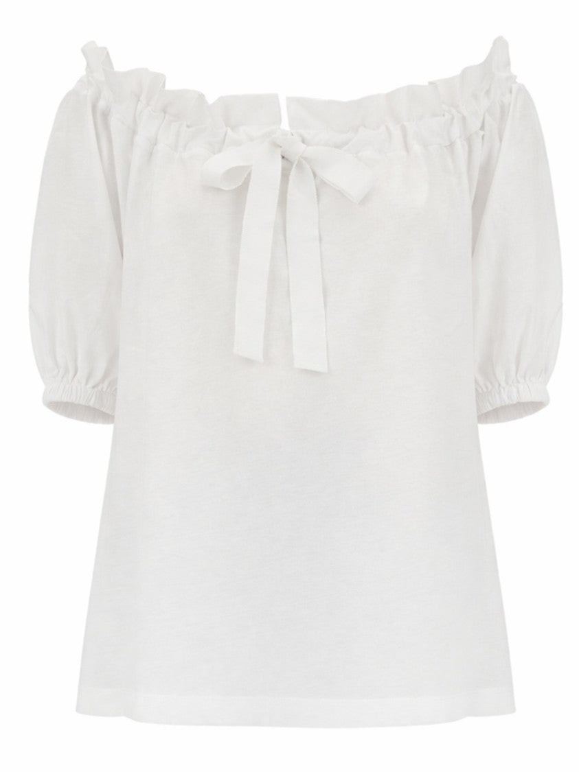 Patou Volume Ruffled Off-Shoulder Puff Cotton Top