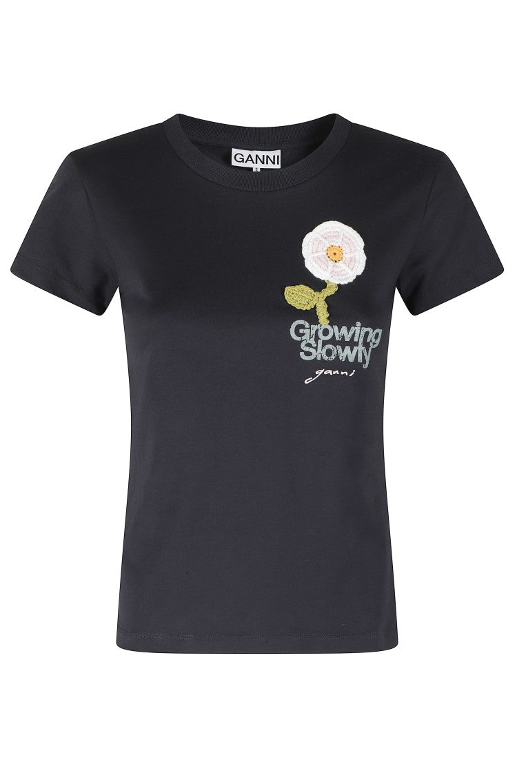 Ganni Black Basic Cotton Jersey Baby Fit Crochet Cotton T-Shirt