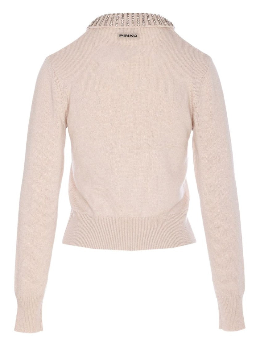 Pinko Rhinestone-Embellished Gray Sweater With Fitted Silhouette