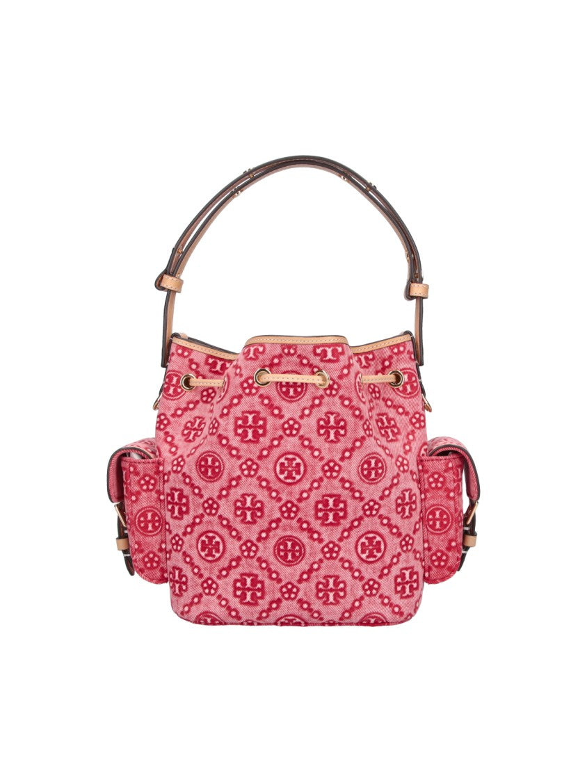 Tory Burch Red T Monogram Denim Bucket Bag