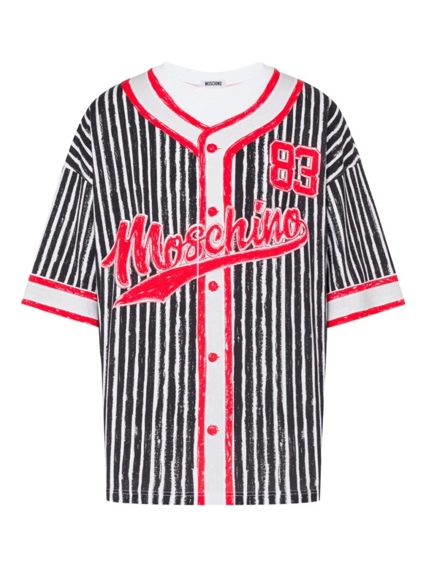 Moschino Vertical Stripe Shirt With Red Accents And Iconic Logo