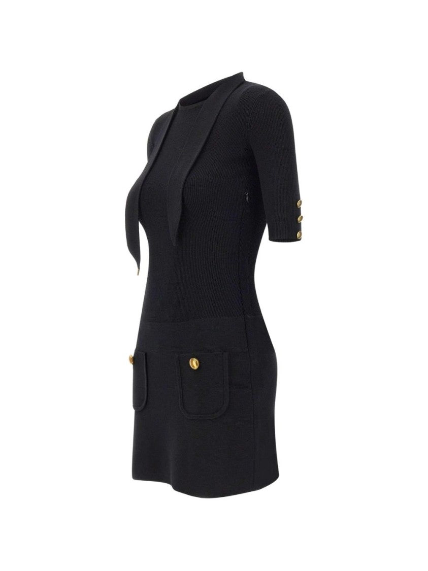 Elisabetta Franchi Black Fitted Mini Ribbed Gold Dress