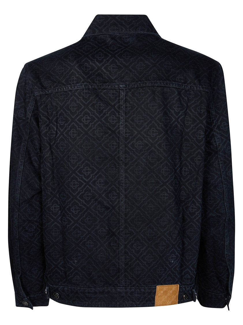 Casablanca Black Zip-Up Denim Jacket With Pattern And Leather Detail