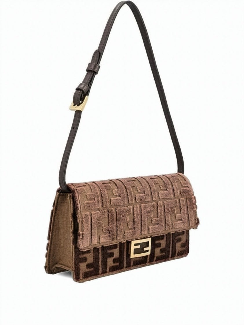 Fendi Textured Fabric Wallet With Monogram Pattern And Chain Strap