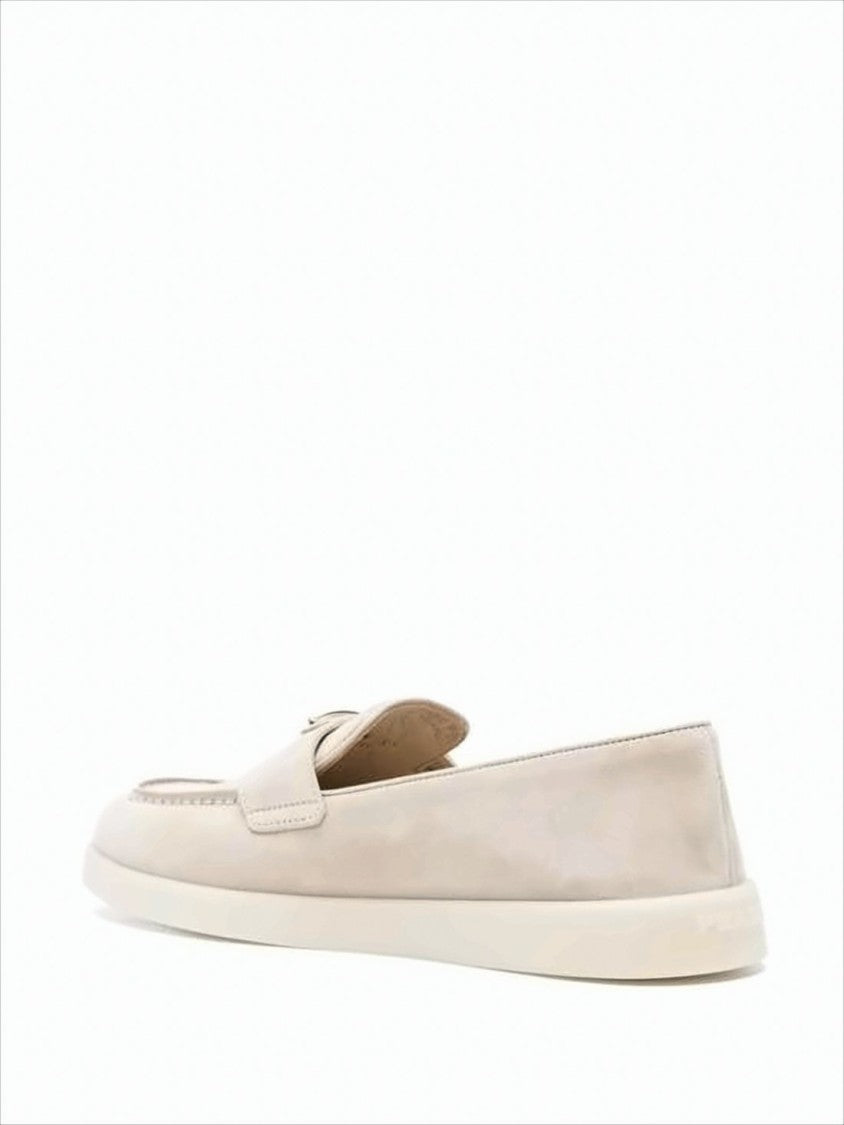 Prada Minimalist Suede And Calf Leather Loafers With Metallic Emblem