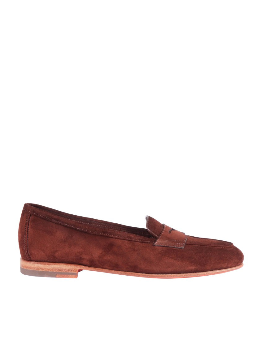 Santoni Brown Carla Suede Minimalist Loafers