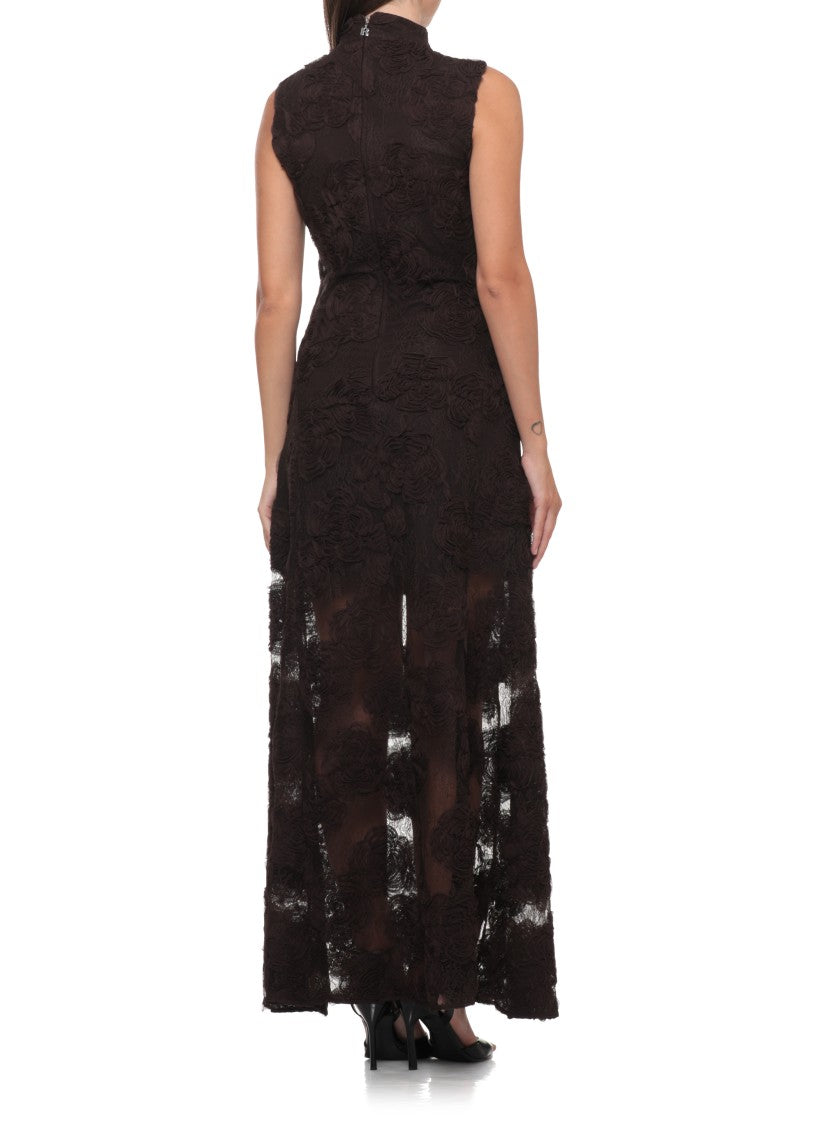 Rotate Brown Lace Long Sleeveless Dress With Fabric Roses