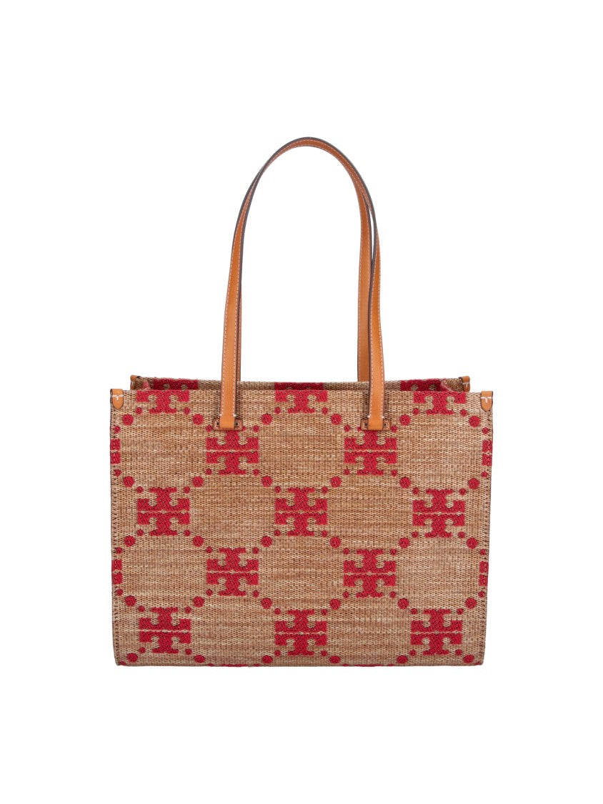 Tory Burch Brown T Monogram Pattern Fabric Tote