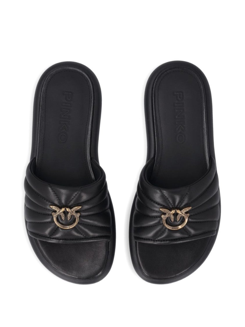 Pinko Black Quilted Logo Appliqué Sandals