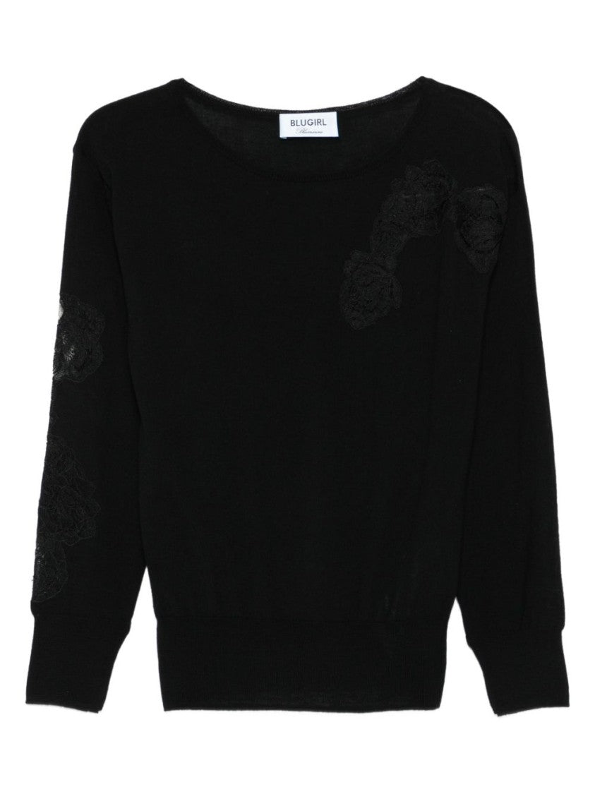 Blugirl Black Sweater With Lace Floral Appliqués