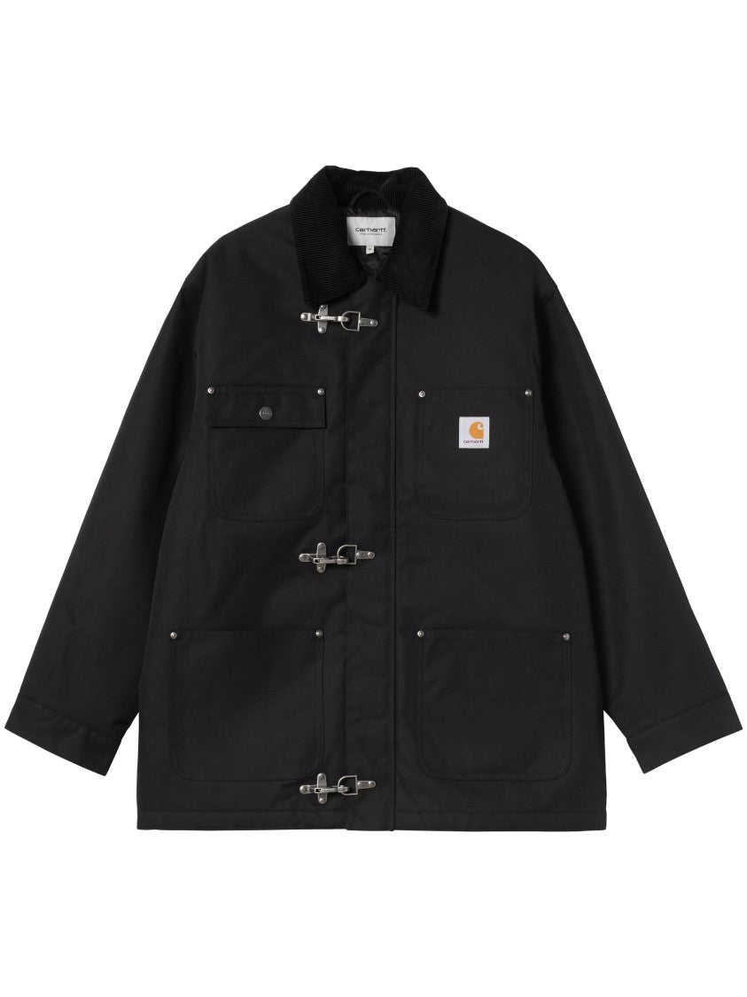 Carhartt Wip Boxy Black Nylon Canvas Coat With Corduroy Collar