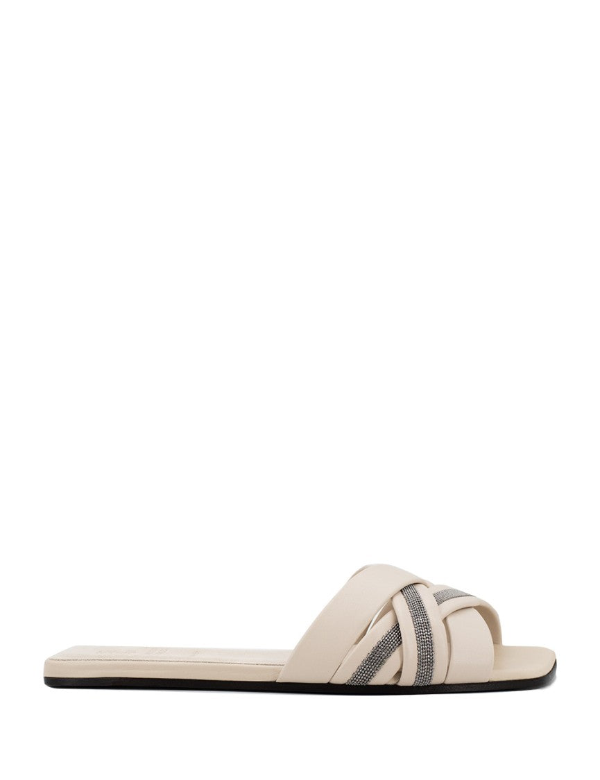Brunello Cucinelli Ruthenium Ivory Slides With Monile Embroidery And Comfortable Fit