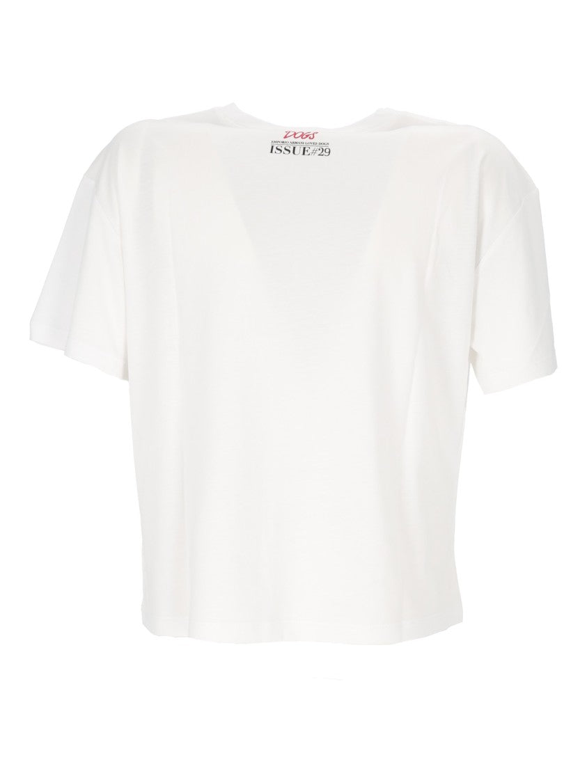Emporio Armani Cropped White T-Shirt With Playful Dog Graphic