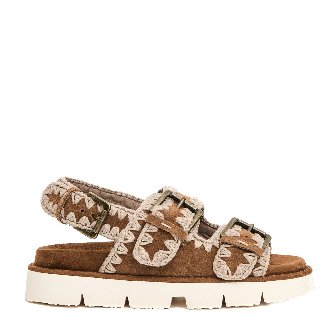Mou Double Buckle Suede Sandals With Contrasting Stitching