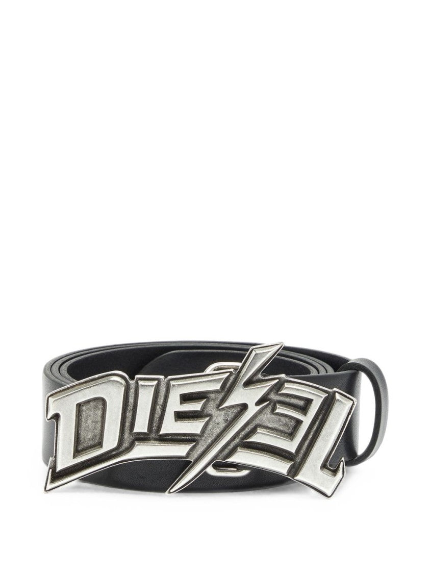 Diesel Black Lightning Bolt Design Metallic Buckle Silk-Nylon Blend Belt