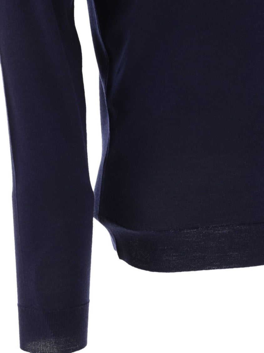 John Smedley Classic Navy Wool Long Sleeve Polo With Ribbed Cuffs