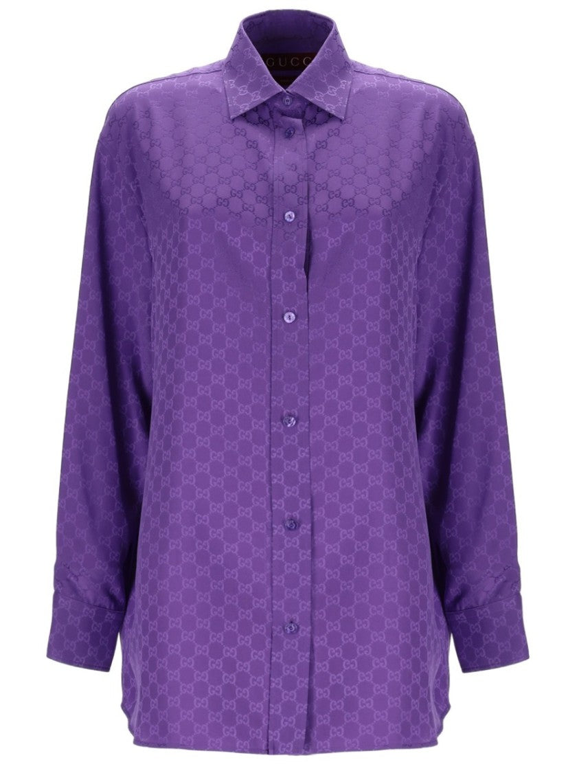 Gucci Gg Weave Oversized Purple Silk Shirt