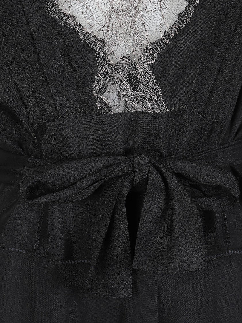 Maison Margiela Flowing Black Dress With Lace Trim And Belted Waist