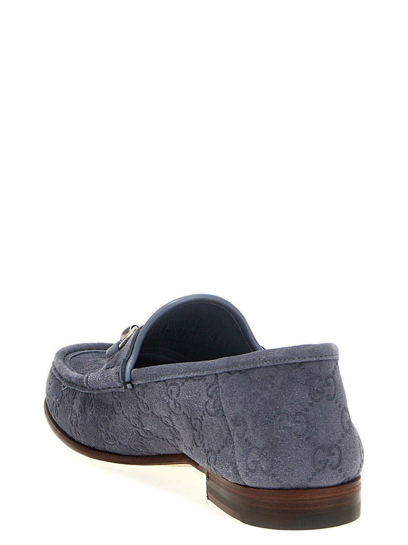 Gucci Suede Horsebit Loafers With Embossed Gg Pattern