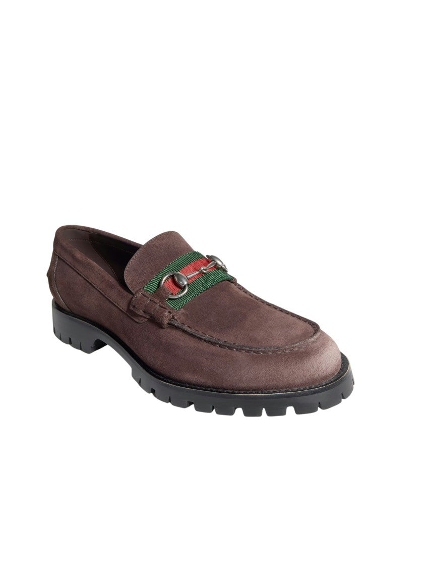 Gucci Suede Loafers With Rubber Lug Sole And Horsebit Detail