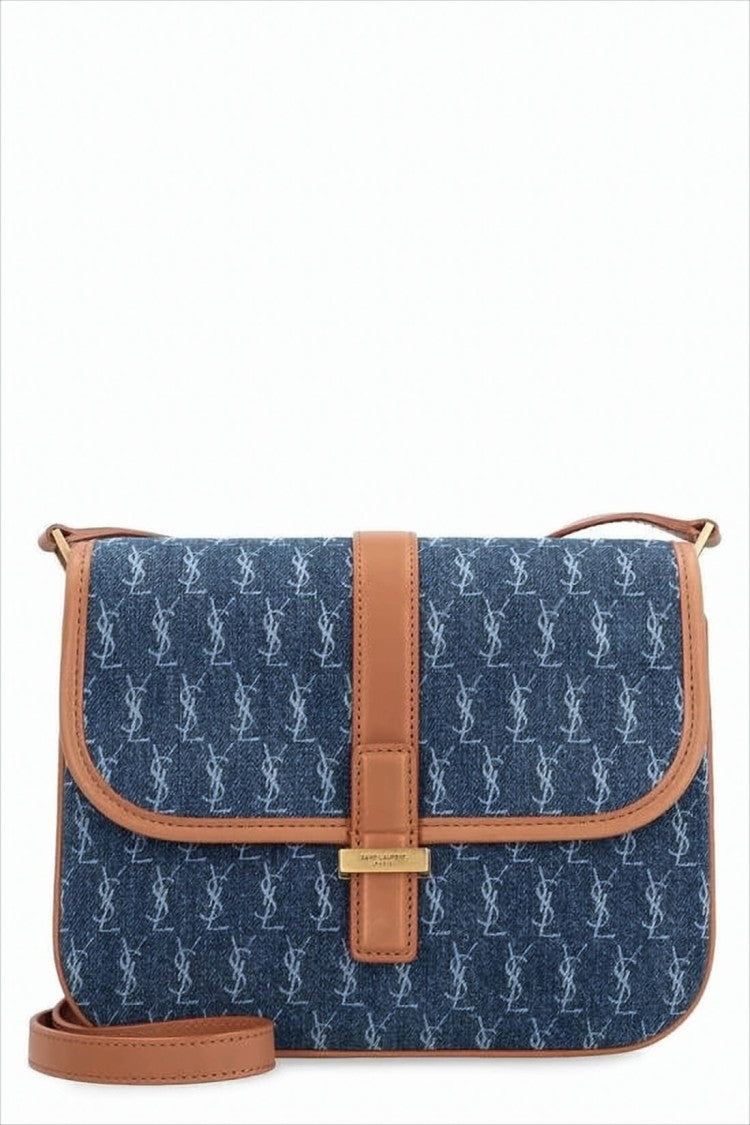 Saint Laurent Monogram Denim Crossbody Bag With Calfskin Accents