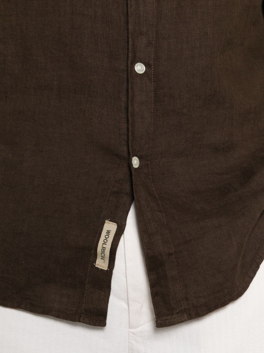 Woolrich Relaxed Fit Brown Linen Shirt With Classic Collar