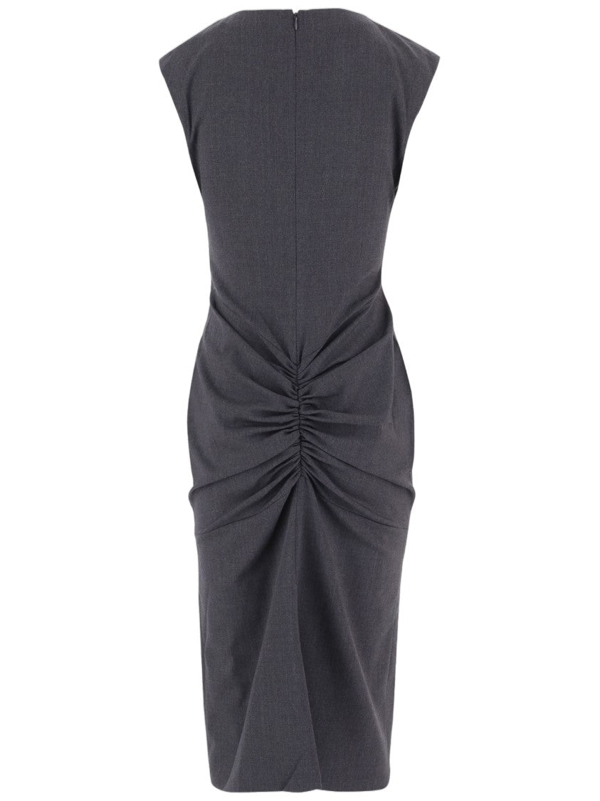 Jacquemus Fitted Gray Stretch Wool Midi Dress With Gathered Back Detail